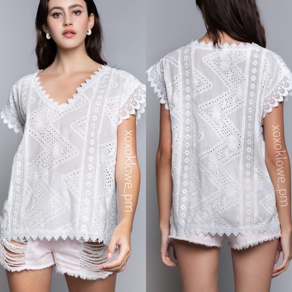 POL White Cotton V Neck Short Sleeve Embroidered Eyelet Lace Trimmed Top